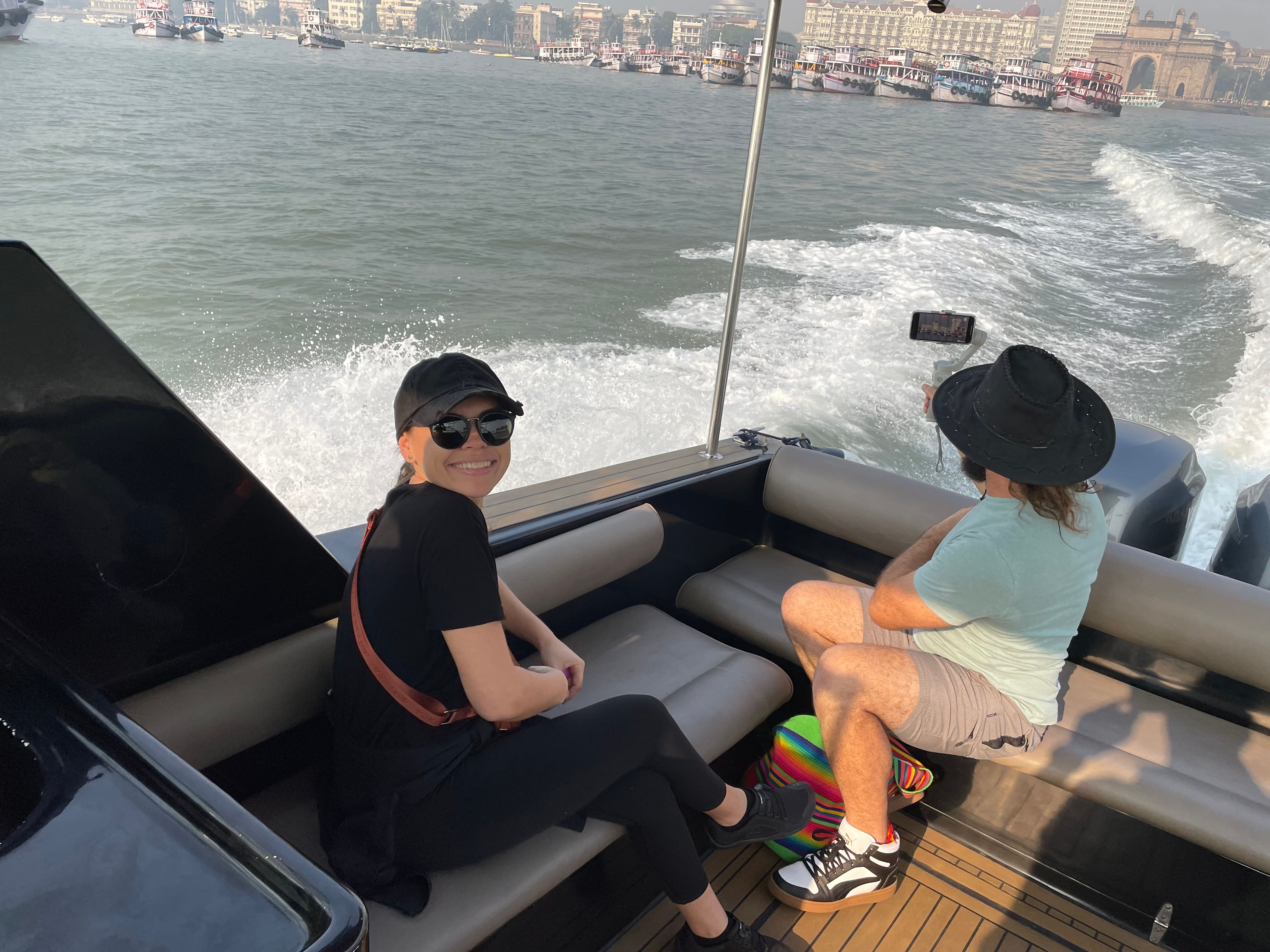 International couple enjoying Elephanta Caves tour by speedboat in Mumbai