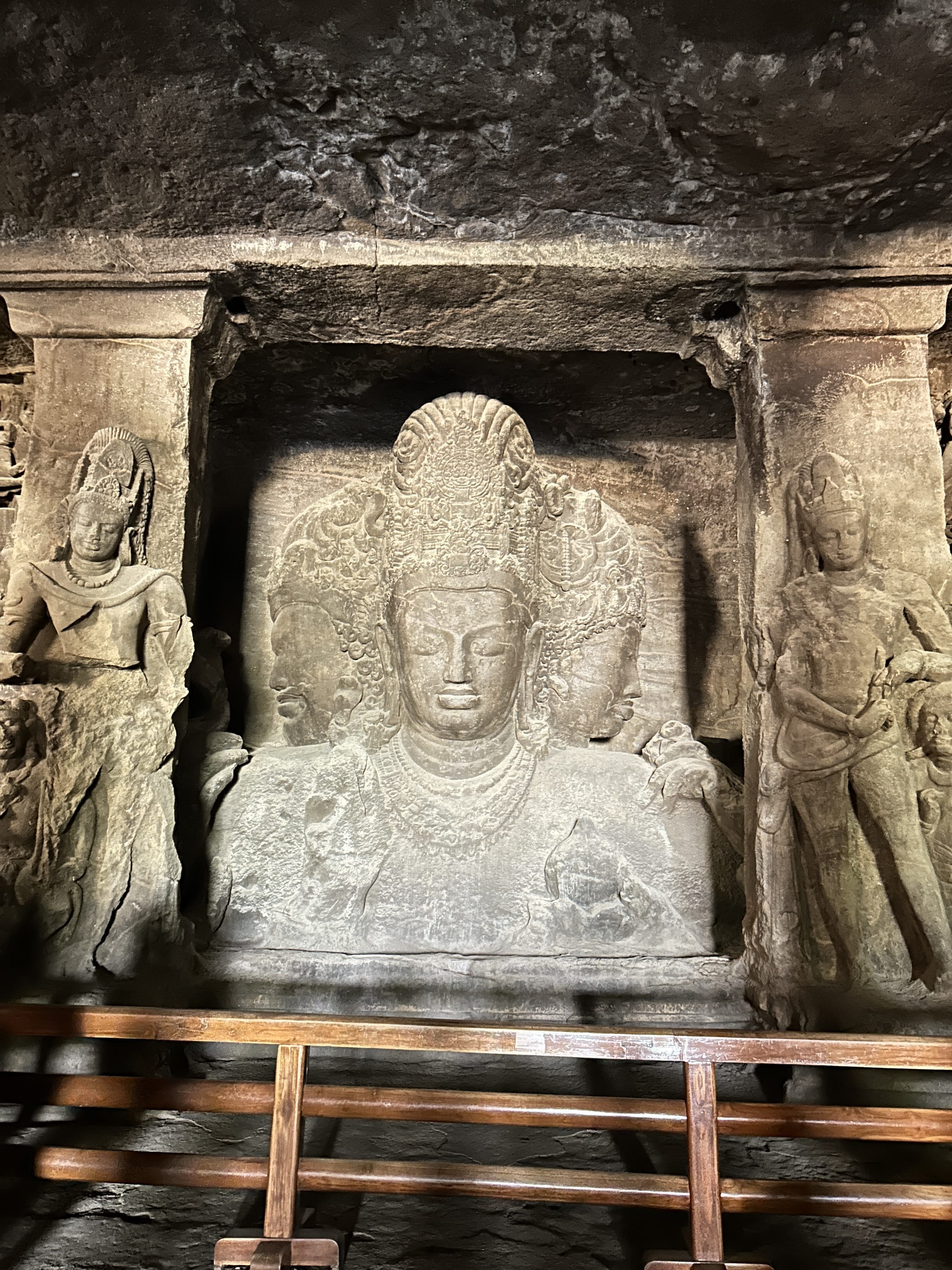 Trimurti Sadashiva sculpture seen during Elephanta Caves tour by speedboat